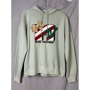 MTV Holiday Hoodie NWT Aqua Gray Candy Cane Logo Graphic Sweatshirt Christmas M